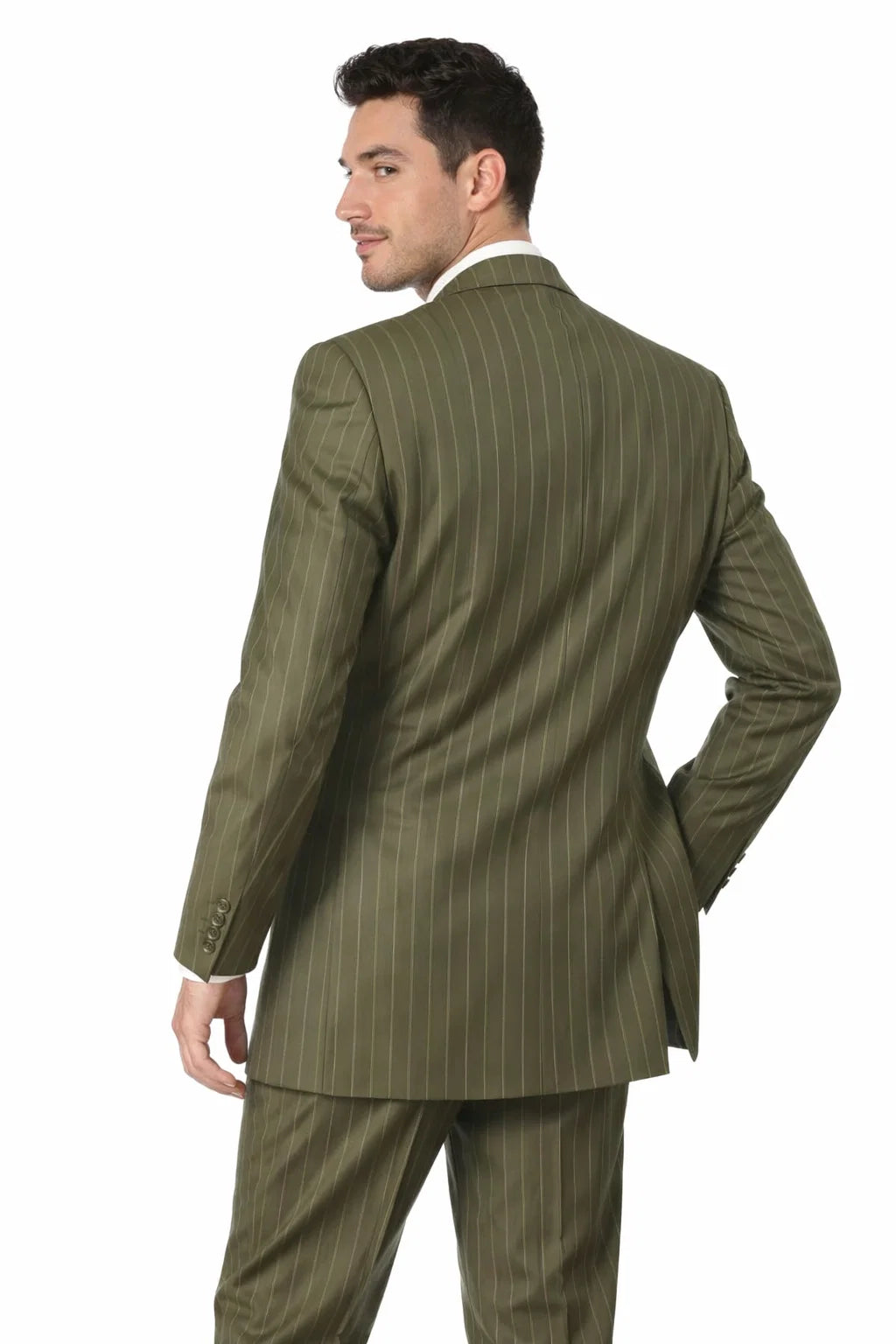 Men’s Vintage Vested Gangster Pinstripe Suit – Bold Olive Green Fashion 3-Piece Set Modern Fit