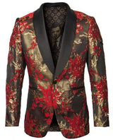 Men's One Button Red and Gold Tuxedo Jacket with Fancy Pattern - Blazer
