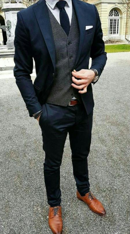 Navy Blue Wool Suit With Grey Vest Slim Fit or Modern Fit
