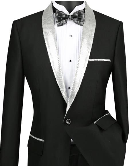 Mens Black with Sequence Silver Lapel Tuxedo
