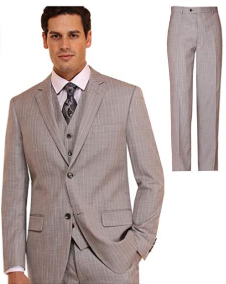 Mens Suit 3 Piece Plaid and Pinstripe Suit Grey