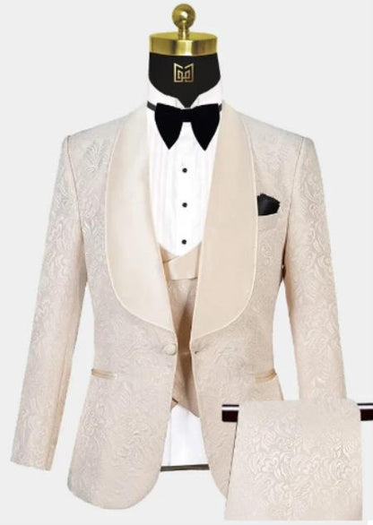 Men One Button Floral All Champagne Tuxedo – 3 Piece
