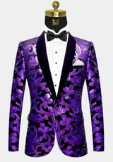 Men One Button Black and Purple Velvet Tuxedo Jacket with Sequins