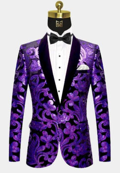 Men One Button Black and Purple Velvet Tuxedo Jacket with Sequins
