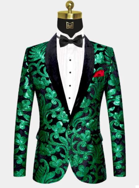 Men One Button Black and Green Velvet Tuxedo Jacket with Sequins