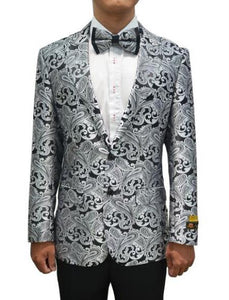 Silver Gray and Black Tuxedo Suit Jacket and Pants With Matching Bowtie - Paisley Suit - Grey Tuxedo