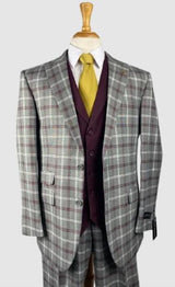 Plaid Suits - Peak Lapel 1920s Lapeled Vest Flat Front Pants Two Button Suits Charcoal ~ Burgundy ~ Grey