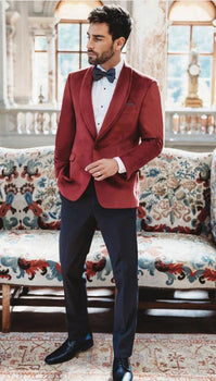 Mens Velvet Dinner Jacket - Mens Tuxedo Blazer With Trim Shawl Collar Red