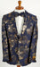 Mens Navy Blue and Gold 2 Button Foil Floral Paisley Prom and Wedding Blazer