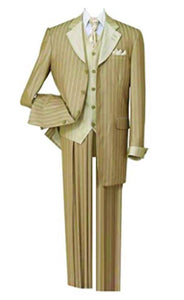 Mens Pinestripe Fashion Suit with Contrast Collar Cuffs and Vest Tan
