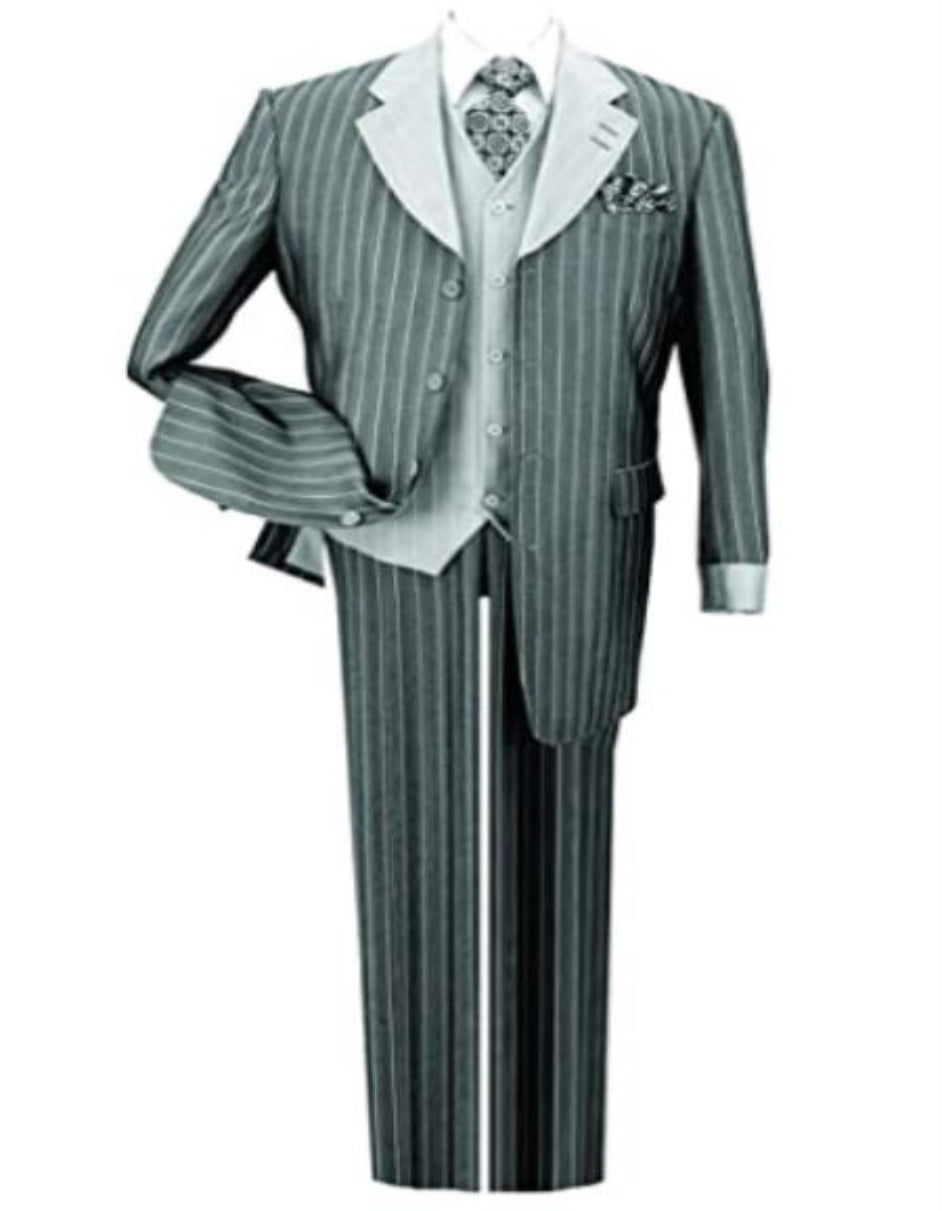 Mens Pinestripe Fashion Suit with Contrast Collar Cuffs and Vest Black
