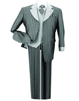 Mens Pinestripe Fashion Suit with Contrast Collar Cuffs and Vest Black