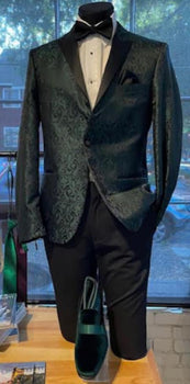 Olive Green Tuxedo Blazer - Paisley Floral Dinner Jacket