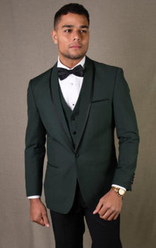 Mens Two Button Shawl Lapel Solid Pattern Suit Hunter Green
