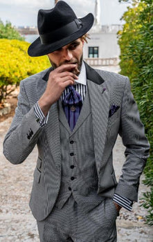 Mens Peak Lapel Ticket Pocket Suit Black and White