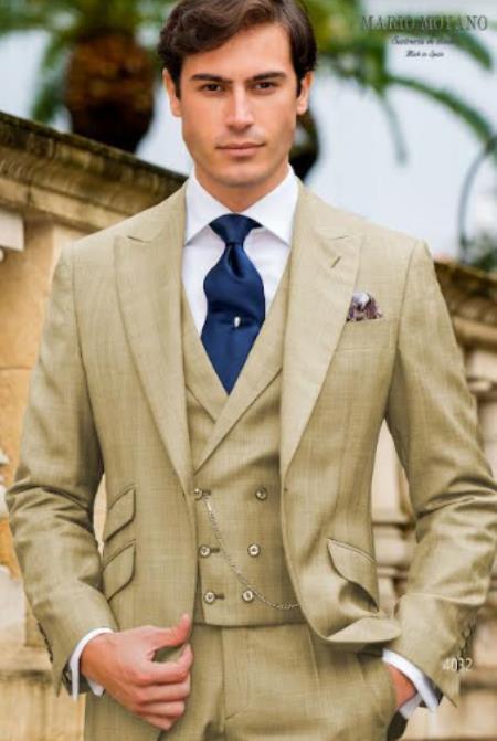 Mens One Button Peak Lapel Suit Sand