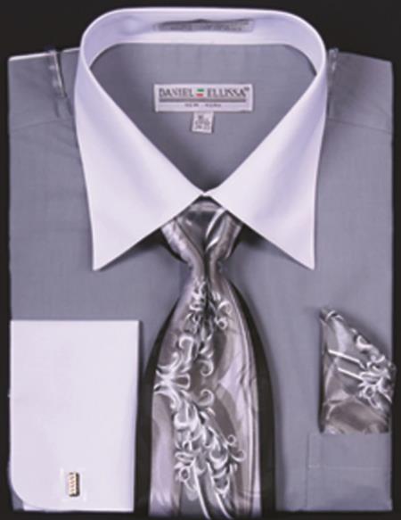 grey french cuff dress shirt Gentlemens Collection Men's French Cuff Solid Dress Shirt Cufflink included Smoke Grey, 16 Neck 32/33 Sleeve