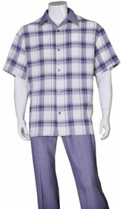 Mens 2pc Walking Suit Short Sleeve Casual Shirt and Pants Set Purple