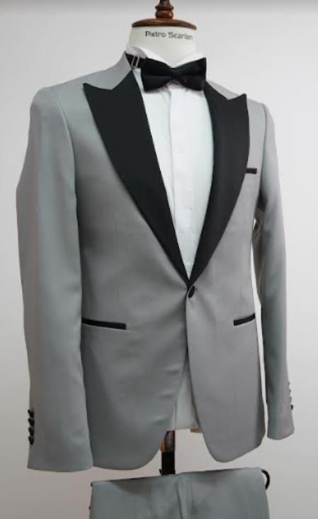 Mens One Button Peak Label Suit Gray and Black