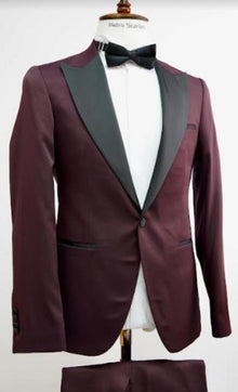 Mens One Button Peak Label Suit Burgundy and Black