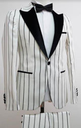 Mens One Button Pinstripe Pattern Suit White and Black