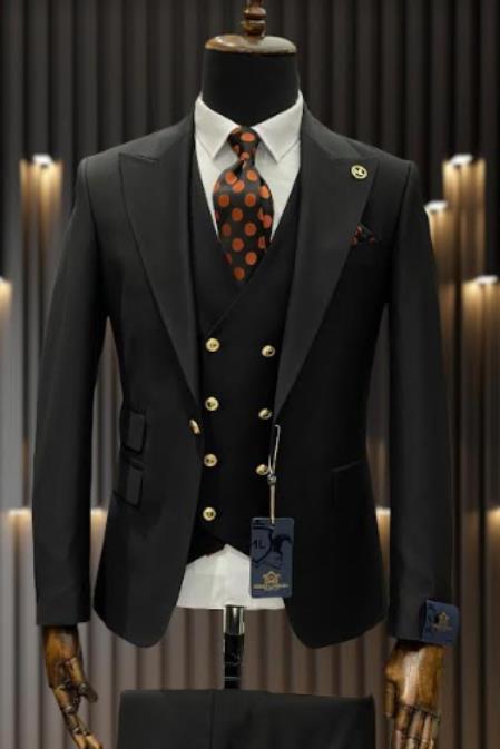 Rossiman Brand Black Suits - 1 Button Suit Peak Lapel Double Breasted Vest Modern Fit