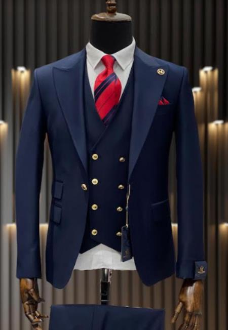 Rossiman Brand Navy Blue Suits - 1 Button Suit Peak Lapel Double Breasted Vest Modern Fit