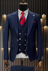 Rossiman Brand Navy Blue Suits - 1 Button Suit Peak Lapel Double Breasted Vest Modern Fit