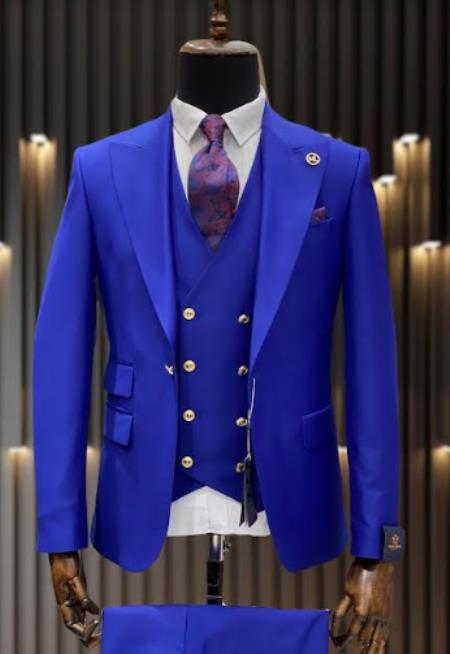 Rossiman Brand Royal Blue Suits - 1 Button Suit Peak Lapel Double Breasted Vest Modern Fit