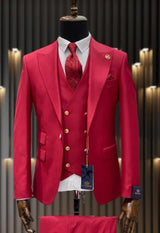 Rossiman Brand Red Suits - 1 Button Suit Peak Lapel Double Breasted Vest Modern Fit