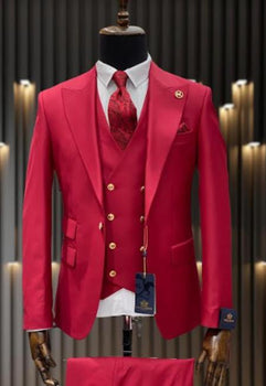 Rossiman Men's Red Suit – Stylish 1-Button Peak Lapel Jacket & Double-Breasted Vest