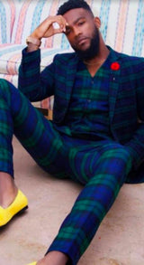 Green and Blue Plaid Vested Suit - Suit 2 Button Notch Lapel Suit - 100% Percent Wool Fabric Suit - Worsted Wool Business Suit