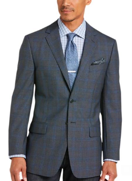 Charcoal Grey and Blue Pattern Plaid Blazer - Windowpane Sport Coat