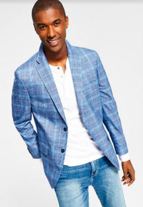 Mens Plaid Blazer - Windowpane Blazer - Textured Pattern - Blue