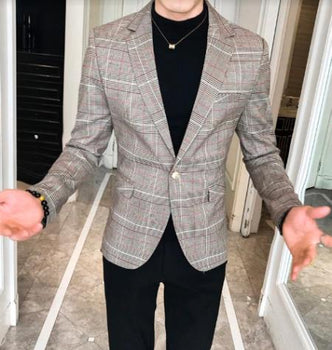 Mens Plaid Blazer - Windowpane Blazer - Textured Pattern Beige