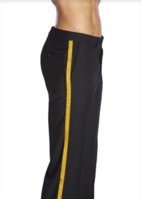 Black and Gold Side Trim Dress Pants - Black Tuxedo Pants - Flat Front Pant Black and Gold Side Trim Dress Pants - Black Tuxedo Pants - Flat Front Pant