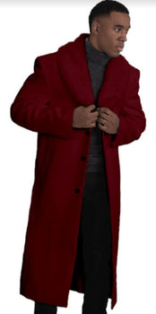 Mens Overcoat With Fur Collar - Burgundy Topcoat - Maroon Wool Fabric Long Coat