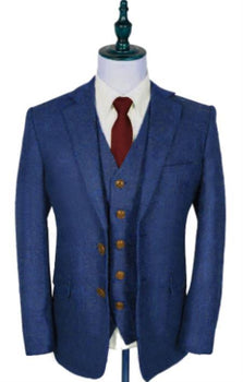 Mens Winter Suit - Suit For Cold Weather - Winter Color Tweed Herringbone Blue Suit