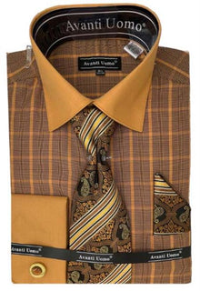 Rust Tone on Tone Check Pattern Dress Shirt Set with Cuff