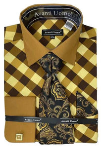 Brown Check Dress Shirt Set with Cuff