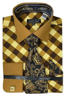 Brown Check Dress Shirt Set with Cuff