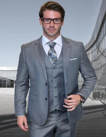 Statement Mens 3 Piece Suit - Tone on Tone Plaid Grey - 100% Percent Wool Fabric Suit - Worsted Wool Business Suit
