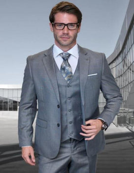 Statement Mens 3 Piece Suit - Tone on Tone Plaid Grey - 100% Percent Wool Fabric Suit - Worsted Wool Business Suit