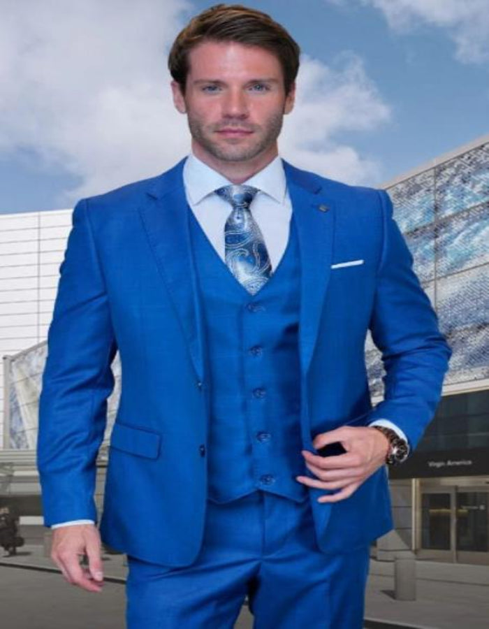Statement Mens 3 Piece Suit - Tone on Tone Plaid Indigo - 100% Percent Wool Fabric Suit - Worsted Wool Business Suit