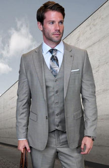 Statement Mens 3 Piece Suit - Tone on Tone Plaid Tan - 100% Percent Wool Fabric Suit - Worsted Wool Business Suit