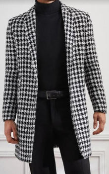 Mens Plaid Overcoat - Houndstooth Checker Pattern Topcoat - Black