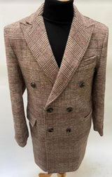 Mens Plaid Overcoat - Houndstooth Checker Pattern Topcoat - Rust Brown
