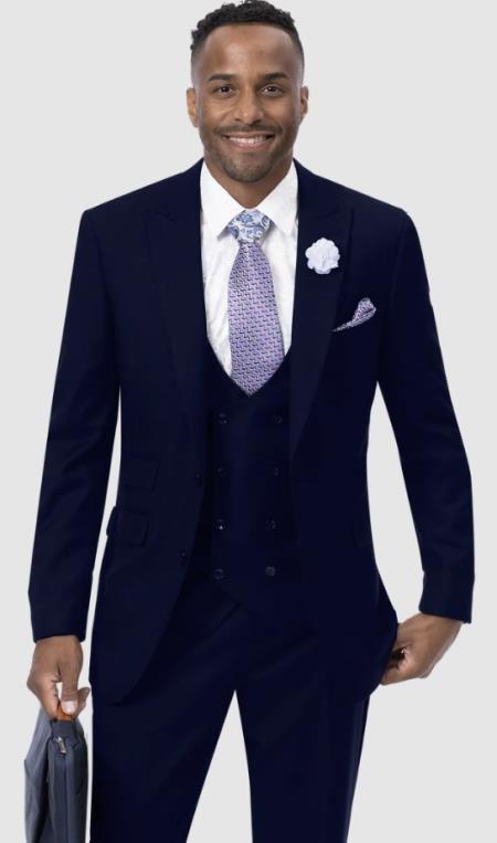 Men's 3 Button  Peak Lapel Dark Navy Gold Cuffs Suit
