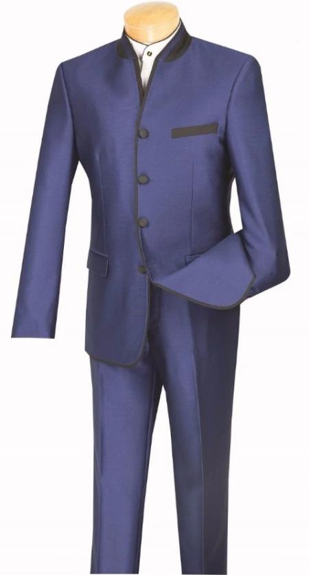 Wedding Groom Suit - Prom Tuxedo Suit - No Collar Weddig Tuxedo - Blue