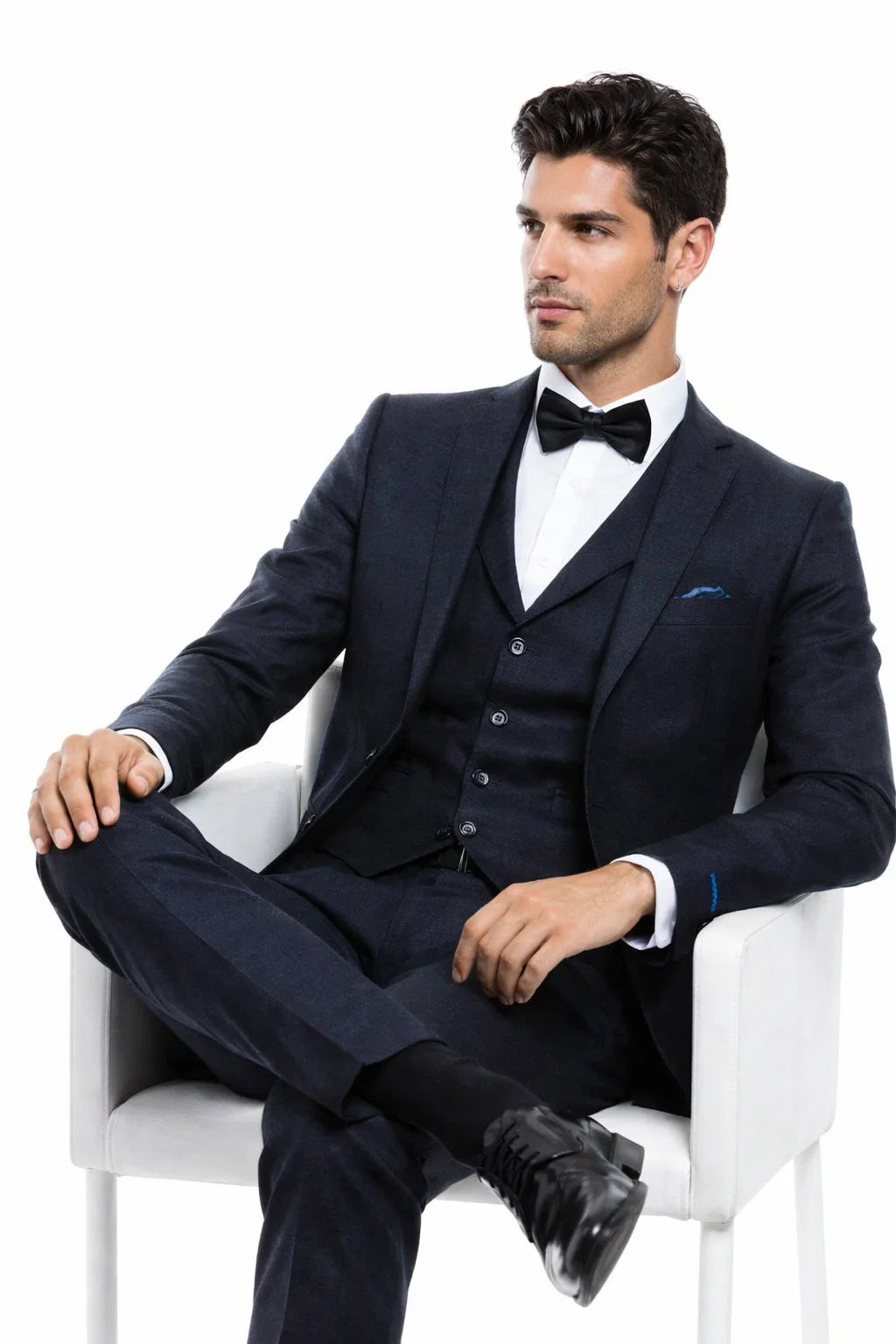Men’s Navy Blue Vintage Tweed Wedding Suit – Two Button Jacket with Matching Vest Modern Fit
